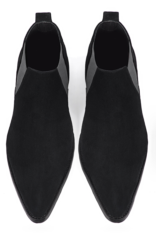 Matt black and dark grey dress ankle boots for men. Tapered toe. Flat leather soles. Top view - Florence KOOIJMAN